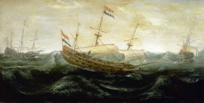 Holandská loď plující po velmi rozbouřeném moři se staženými plachtami, do kterých se opírá vítr. Olej na mědi, kolem roku 1625, autor Abraham de Verwer (kolem 1585-1650). od Abraham de Verwer