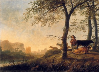Večerní říční krajina s pastýřem a kravami na okraji lesa, mostem a ruinami za ním od Abraham van Calraet