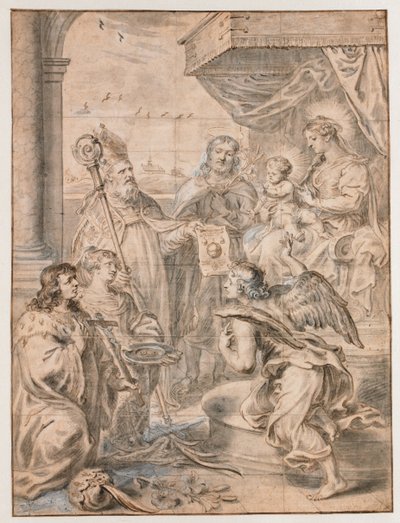 Marie s dítětem na trůnu uctívaná třemi světci od Abraham van Diepenbeeck