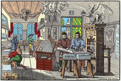 Interiér tiskařské továrny v Norimberku, Německo: dělníci při práci, počátek 17. století - grav. od Abrahama van Werdta. od Abraham van Werdt