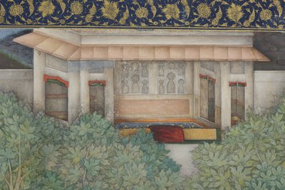 Detail z knihy Císař Džahángír se svatými muži v zahradě, cca 1615 (neprůhledná čb a zlato na papíře) od Abul Hasan