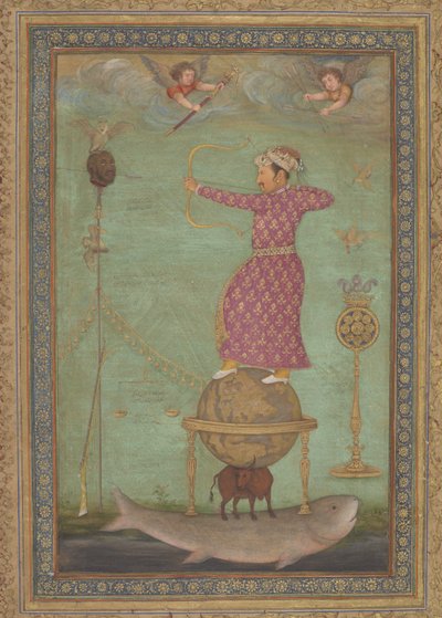 Džahángir střílející na hlavu Malika Ambara, počátek 17. století (neprůhledný akvarel, tuš a zlato na papíře) od Abu