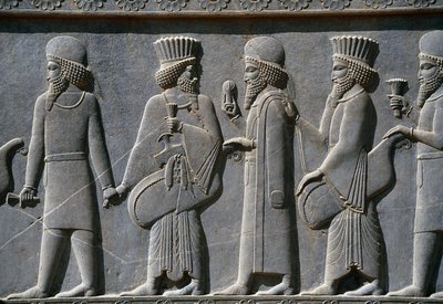 Detail z procesního vlysu na východní straně paláce Apadana, Persepolis, Írán, c.518-465 př.nl (šedý kámen) od Achaemenid