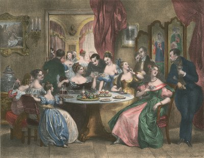 Le The, The Tea Party (barevná litografie) od Achille (after) Deveria