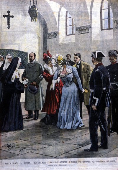 V Madridu je mladá žena, mademoiselle Ubao, vytržena ze života jeptišky v klášteře, kde byla na návrh jezuitů. Ilustrace Beltrame. Domenica del corriere. 1901. od Achille Beltrame