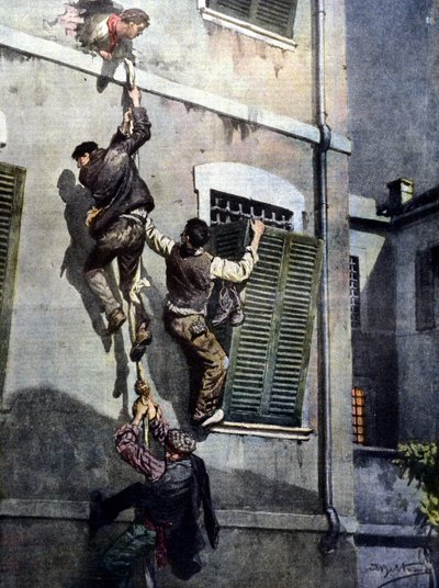 Odvážný útěk čtyř vězňů z vězení Asti po proražení zdi. Kresba Beltrame. La Domenica del Corriere. 1902 od Achille Beltrame