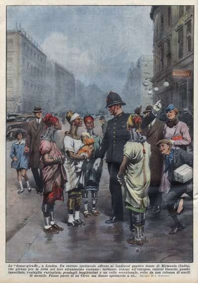 Skupina žen-žiraf z Barmy se ptá na cestu k anglickému policistovi (policajtovi) v Londýně, jsou oblečeny do turbanu, tuniky, prstenů kolem krku a nohou. Ilustrace Achille Beltrame v „La domenica del Corriere““ z 26. 4. 1937. od Achille Beltrame