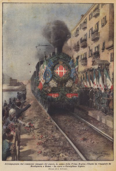 Tělo první italské královny, doprovázené emotivní poklonou lidu, putovalo ? od Achille Beltrame