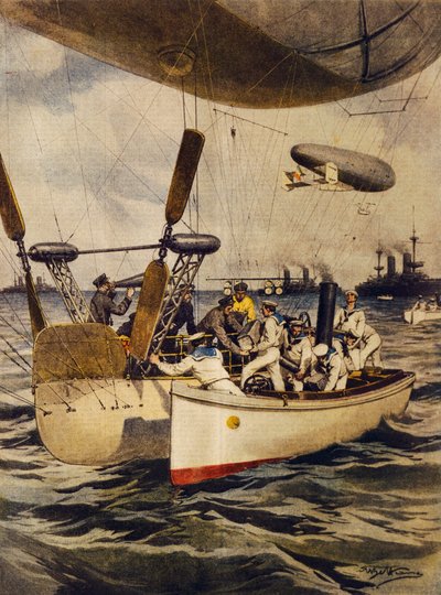 Vzducholodě zásobující bitevní lodě během jejich plavby, Achille Beltrame, ilustrace, Ilustrátor Achille Beltrame (1871-1945), z La Domenica del Corriere, 5. května 1910 od Achille Beltrame