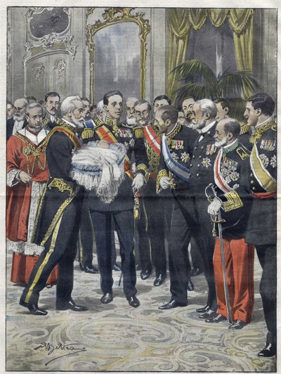 Alfonso XIII (1886-1941), král Španělska na slavnostním představení svého syna Alfonsa (1907-1938), hraběte z Covadonga, prince z Asturie. Kresba Achille Beltrame. z roku 1907. od Achille Beltrame