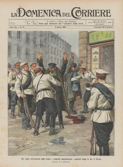V předvečer otevření Dumy prohledávají kozáci kolemjdoucí v ulicích Ruska od Achille Beltrame