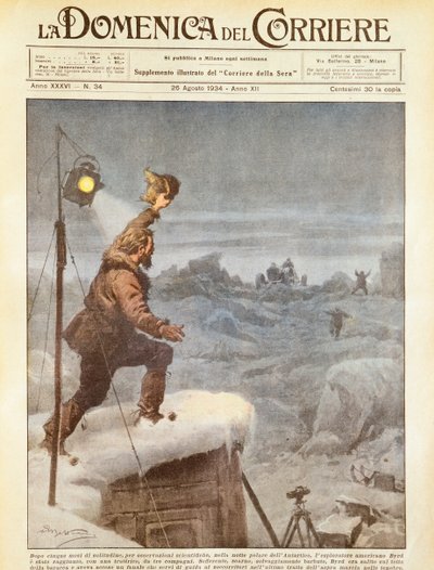 Americký průzkumník Richard E Byrd, k němuž se připojili společníci v Antarktidě poté, co byl pět měsíců sám, Achille Beltrame, ilustrace, ilustrátor Achille Beltrame (1871-1945), z La Domenica del Corriere, 26. srpna 1934 od Achille Beltrame