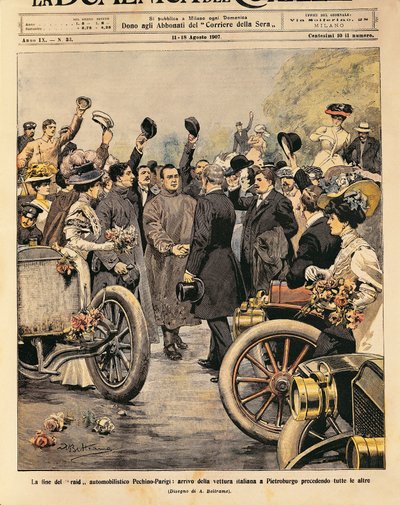 Příjezd italského vítězného vozu do Petrohradu (Itala 35/45 HP řízený Scipione Borghese a Ettore Guizzardi), konec motoristického závodu Paříž-Peking, ilustrace Achille Beltrame z La Domenica del Corriere, 11.-18. od Achille Beltrame