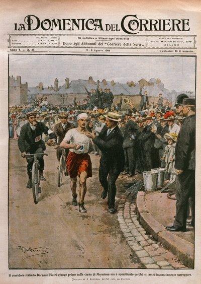 Příjezd Doranda Pietriho (1885-1942) v maratonu, olympijské hry v Londýně, ilustrace Achille Beltrame z La Domenica del Corriere, 2.-9. od Achille Beltrame