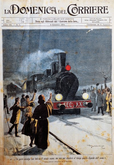 Příchod nového století, lidé vítající nové století s radostí, ilustrace Achille Beltrame (1871-1945), z La Domenica del Corriere, 6. ledna od Achille Beltrame