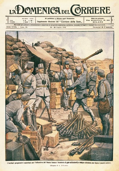 Rakouští barbaři se připravují na ofenzívu na dolním Isonzu, ilustrace z La Domenica del Corriere, 23. července od Achille Beltrame