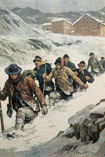 BELTRAME, Achilles (1871-1945). Italští dělníci překračující průsmyk St. Bernard mezi Aostou a Švýcarskem. Obálka „“La Domenica del Corriere““. 14.02.1904. Litografie. od Achille Beltrame