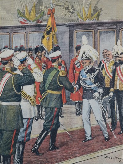 BELTRAME, Achilles (1871-1945). Victor Emmanuel III (1869-1947). italský král (1900-1946); Mikuláše II. ruský car (1894-1917). RUSKO. Car přijímá v Peterhofu italského krále Viktorie Emanuela III. A. Beltrame ilustrace. Domenica z C od Achille Beltrame