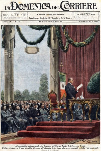 Benito Mussolini přednášel svůj projev v Teatro Reale opery v Římě před vůdci režimu. ilustrace Achilles Beltrame.“ „Domenica del corriere““ z 24. března 1929 od Achille Beltrame