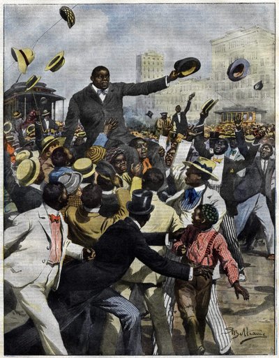 Boxer Jack Johnson přijel do Chicaga v roce 1910. Ilustrace Achille Beltrame pro La Domenica del Corriere””. od Achille Beltrame