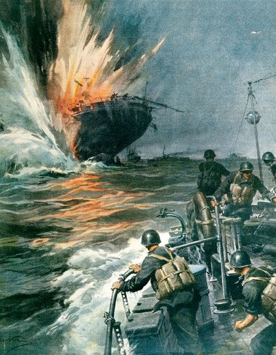 Britská obchodní loď potopená italskou lodí MAS ve Středozemním moři, 3. srpna od Achille Beltrame