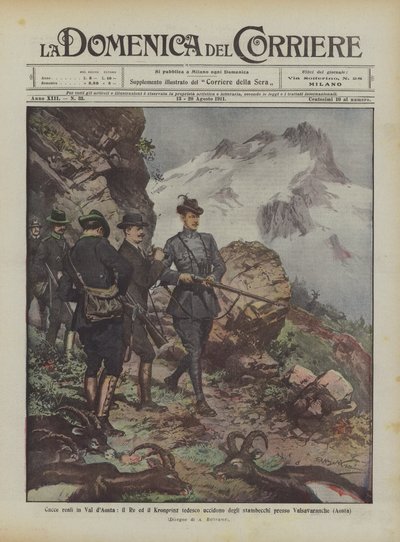 Královské hony ve Val dAosta, král a německý Kronprinz zabíjejí kozorožce poblíž Valsavaranche (Aosta) od Achille Beltrame