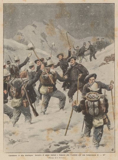 Silvestr ve vysokých horách, setkání italských a francouzských alpských jednotek na hranicích s teplotou -16° od Achille Beltrame