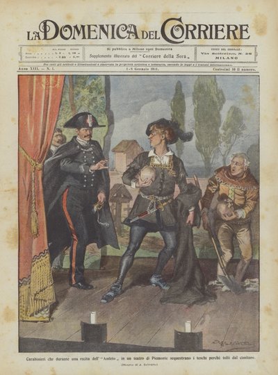 Karabiniéři zabavují lebky během představení Hamlet v divadle v Piemontu? od Achille Beltrame