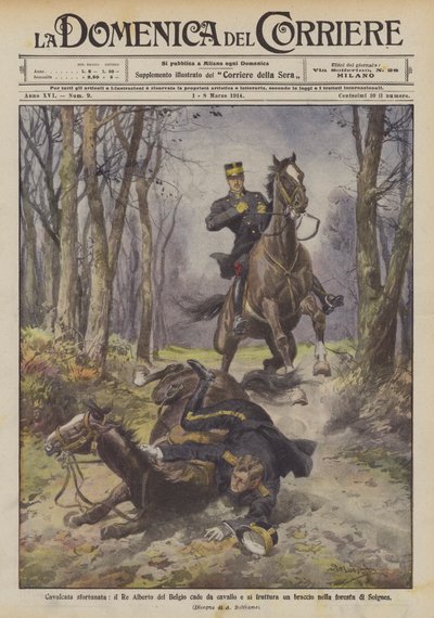 Nešťastná jízda, belgický král Albert spadne z koně a zlomí si ruku v lese Soignes od Achille Beltrame