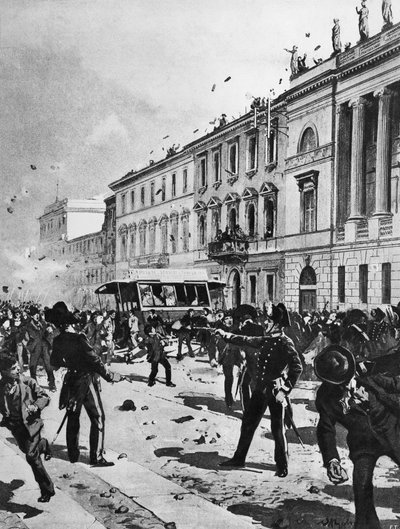 Střet mezi demonstranty a policií v Miláně, Corso Venezia, před Palazzo Saporiti, 7. května od Achille Beltrame