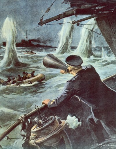 Střet mezi malým torpédovým člunem a britským křižníkem v Sicilském průlivu, 20. října od Achille Beltrame