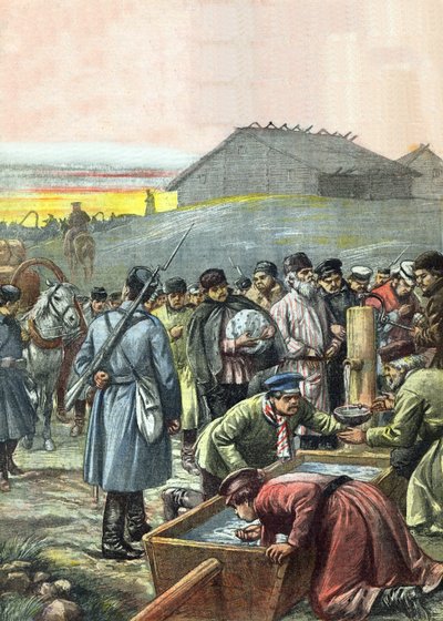 Konvoj deportovaných ruských politických vězňů na cestě do exilu na Sibiři, ilustrace z časopisu 