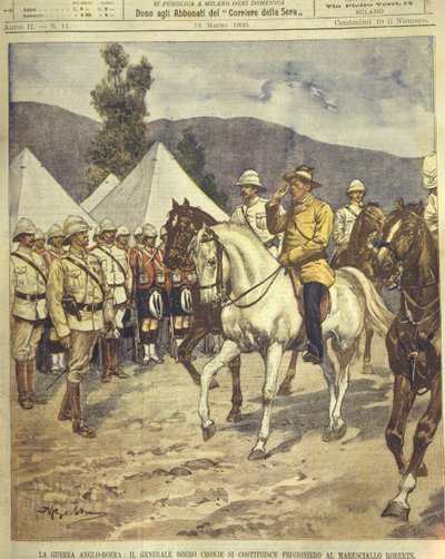 Titulní ilustrace generála Cronje, který se vzdává maršálu Robertsovi během anglo-zuluských a anglo-búrských válek v letech 1850-1902 od Achille Beltrame