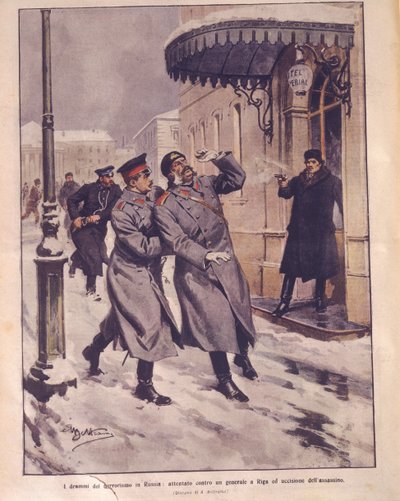 Obálka ilustrace Terorismu v Ruské říši; pokus o generálův život a smrt útočníka v Rize od Achille Beltrame