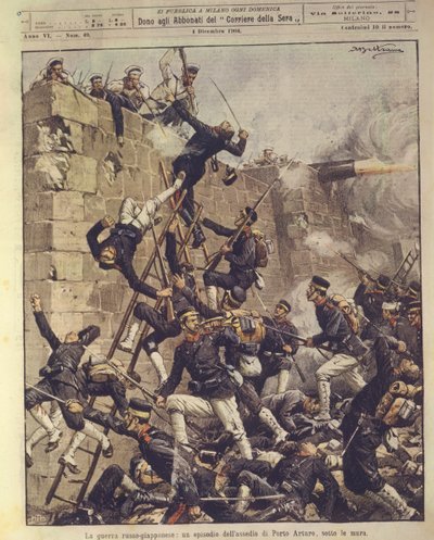 Ilustrace na obálce Obležení Port Arthur v Číně během rusko-japonské války v letech 1904-1905 od Achille Beltrame