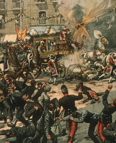 Titulní ilustrace pokusu o atentát na krále Alfonse XIII v den jeho svatby, 31. května 1906, Madrid, Španělsko od Achille Beltrame