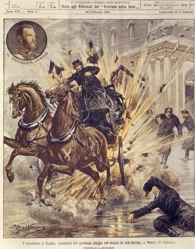 Titulní ilustrace atentátu na velkovévodu Sergeje Alexandroviče Romanova teroristickou bombou v Moskvě, Rusko od Achille Beltrame