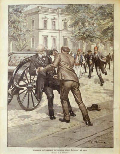 Titulní ilustrace atentátu na řeckého premiéra Delyannise; Atény, Řecko od Achille Beltrame