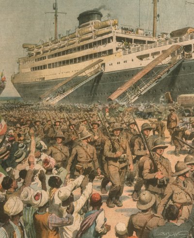 Titulní ilustrace vylodění italských jednotek ve východní Africe od Achille Beltrame