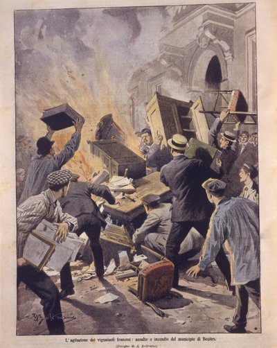 Titulní ilustrace vinařů, kteří zapálili radnici Beziers během povstání ve Francii od Achille Beltrame