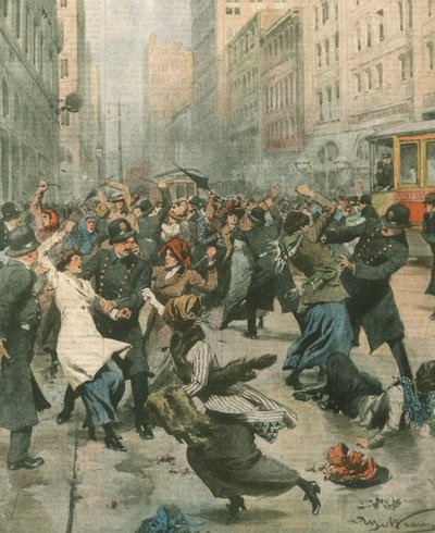 Titulní ilustrace žen protestujících proti nezaměstnanosti na ulici; New York, USA od Achille Beltrame