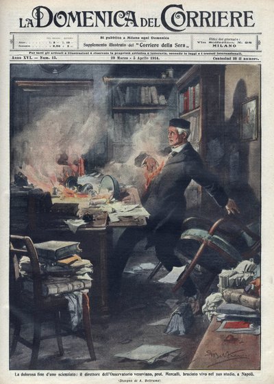 Zemřel ve své laboratoři v Neapoli Giuseppe Mercalli (1850-1914), italský seismolog a vulkanolog. Ilustrace Achille Beltrame pro „“La domenica del corriere”””. 1914. od Achille Beltrame