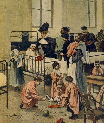 Distribuce vánočních dárků chudým dětem v nemocnici, Achille Beltrame, ilustrace, Ilustrátor Achille Beltrame (1871-1945), z La Domenica del Corriere, 23. listopadu 1900 od Achille Beltrame