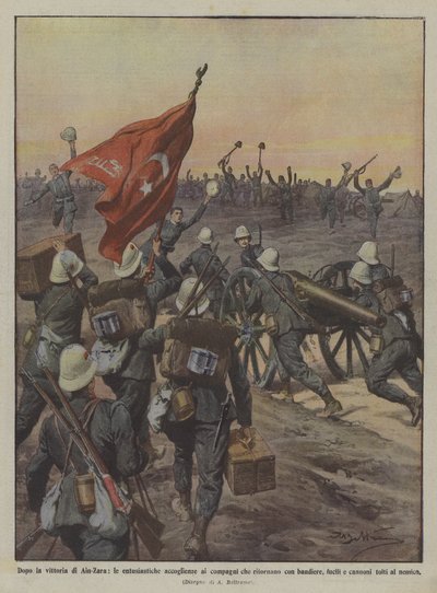 Po vítězství Ain-Zary, nadšené přivítání soudruhů, kteří se vracejí s vlajkami? od Achille Beltrame