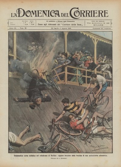 Dramatický cyklistický závod na berlínském velodromu, dámy spálené benzínem? od Achille Beltrame