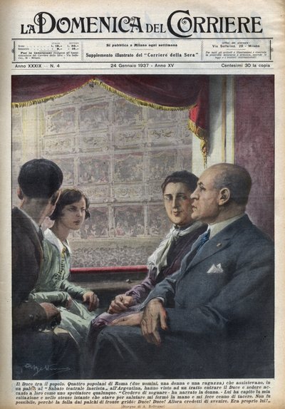 Duce Benito Mussolini, šéf fašistické vlády, který se přišel podívat na představení do „Teatro Argentina“ v Římě, se usadí mezi italské diváky, kteří jsou mu tak blízcí. Ilustrace Achille Beltrame v “” La domenica del corriere”” 24. 1. 1937. od Achille Beltrame