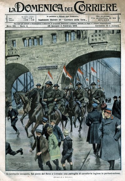Anglická přítomnost v Německu: vojenské jednotky na mostě přes Rýn v Kolíně nad Rýnem. Ilustrace Beltrame. La Domenica del Corriere. 01/1919. od Achille Beltrame