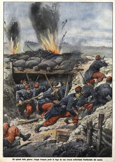 Epizoda války z roku 1914: Francouzské jednotky v zákopech jsou bombardovány nepřáteli. “La Domenica del Corriere” od Achille Beltrame