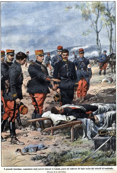 Epizoda války z roku 1914: Generál Noel Edouard de Curieres de Castelnau (1851-1944), velitel francouzské armády v Lotrinsku, přísahá na tělo svého mrtvého syna, aby ho pomstil. Ilustrace Achille Beltrame v „“La Domenica del Corriere““ od Achille Beltrame