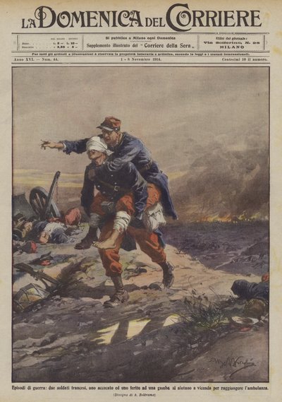 Epizody války, dva francouzští vojáci, jeden oslepený a jeden zraněný na noze, si navzájem pomáhají? od Achille Beltrame